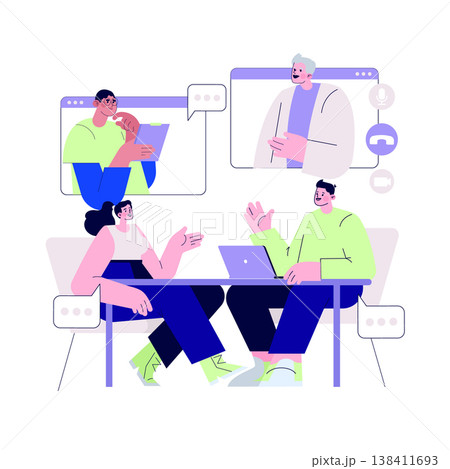 Vector illustration of a team engaged in an online meeting. Two people converse at a desk with laptops while two colleagues appear on screens, participating in a virtual discussion. 138411693