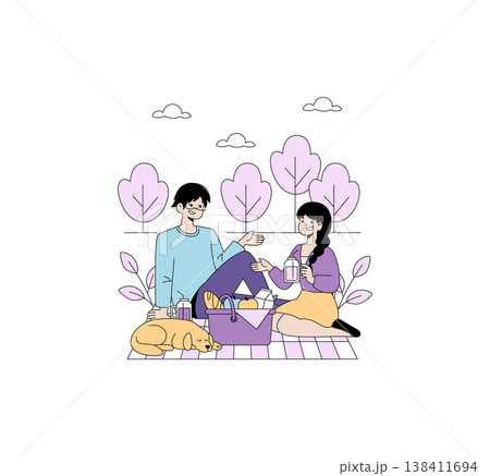 Vector illustration of a joyful couple enjoying a picnic in a park with a sleeping dog. Surrounded by trees, they share a meal and conversation in a serene outdoor setting. Vector illustration of a joyful couple enjoying a picnic in a park with a sleeping dog. Surrounded by trees, they share a meal and conversation in a serene outdoor setting. 138411694