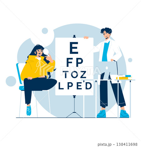 Vector illustration of an optometrist conducting an eye exam with a vision chart. A subject sits, holding an occluder, as the optometrist stands nearby, observing the results. Vector illustration of an optometrist conducting an eye exam with a vision chart. A subject sits, holding an occluder, as the optometrist stands nearby, observing the results. 138411698