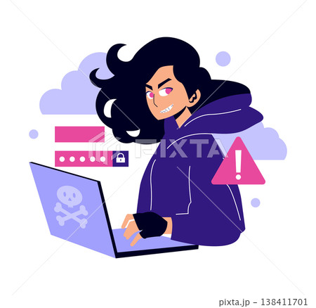 Illustration of a confident girl with mischievous expression using a laptop, symbolizing cybersecurity threats. Includes warning icons and password elements, highlighting digital security issues. 138411701
