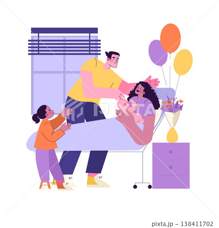 Family gathered around a mother holding her newborn in a hospital room vector illustration. A child and a partner express joy with balloons and flowers in the background, capturing a happy moment. 138411702