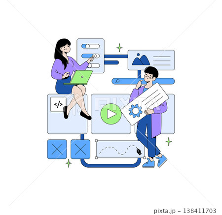 Vector illustration showing two people collaborating on software development tasks. They interact with digital elements like coding, settings, and media windows, highlighting teamwork. 138411703