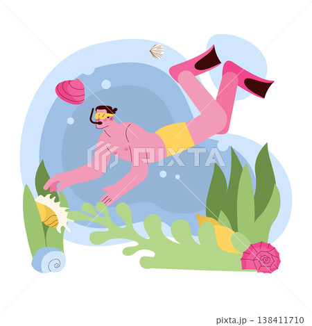 Vibrant vector illustration of a snorkeler exploring vibrant aquatic life. The diver is surrounded by colorful shells, seaweed, and ocean elements, capturing an exciting underwater exploration. 138411710