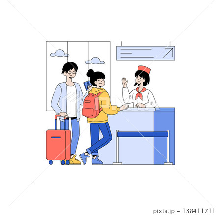 Travelers interacting with a smiling airport staff member at the check-in counter. The animation shows them holding documents and luggage, conveying a sense of anticipation and readiness for travel. 138411711