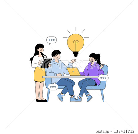 Vector illustration of three people collaborating in a brainstorming session. One person stands with a tablet, while two others sit at a table with a laptop, sharing ideas. 138411712