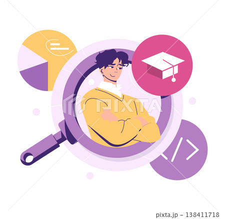 Vector illustration of a confident student with a cross-armed pose, surrounded by educational icons and symbols representing learning, knowledge, and academic achievement. Vector illustration of a confident student with a cross-armed pose, surrounded by educational icons and symbols representing learning, knowledge, and academic achievement. 138411718