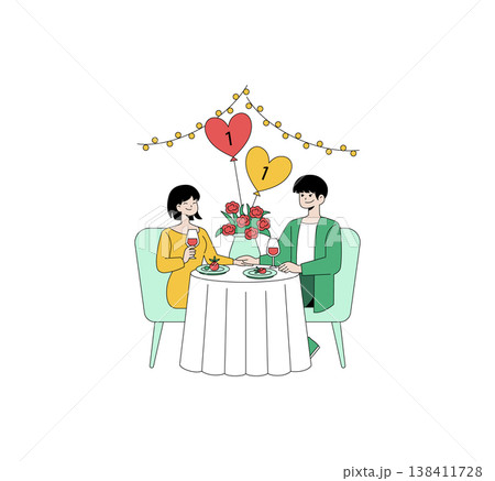 Romantic dinner date illustration with a couple enjoying a meal. Heart balloons, roses, and fairy lights set a festive anniversary atmosphere. Perfect for love and celebration themes. Romantic dinner date illustration with a couple enjoying a meal. Heart balloons, roses, and fairy lights set a festive anniversary atmosphere. Perfect for love and celebration themes. 138411728