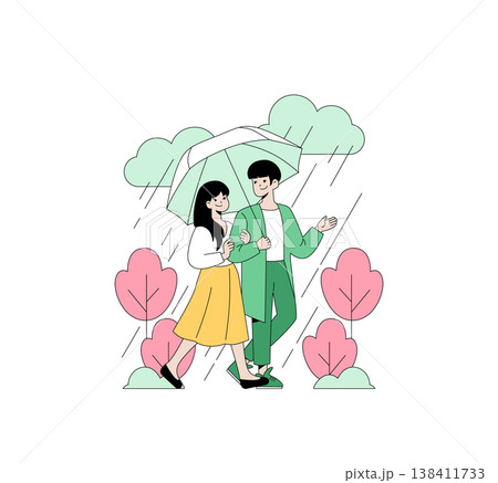 Couple walks under an umbrella on a rainy day, enjoying each other's company. Vector illustration captures romance and joy in pleasant weather with colorful surroundings and smiling faces. Couple walks under an umbrella on a rainy day, enjoying each other's company. Vector illustration captures romance and joy in pleasant weather with colorful surroundings and smiling faces. 138411733