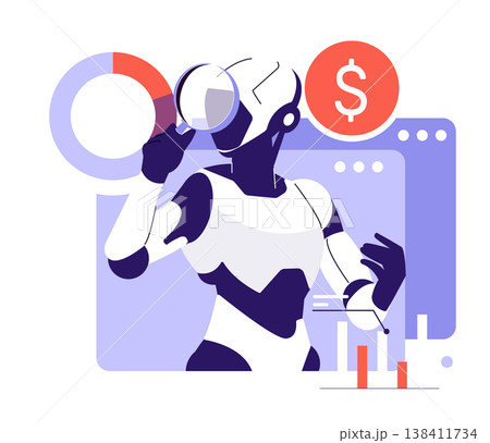 Vector illustration of a robot using a magnifying glass to analyze data. The scene includes graphs and financial symbols, highlighting themes of technology and financial analytics. Vector illustration of a robot using a magnifying glass to analyze data. The scene includes graphs and financial symbols, highlighting themes of technology and financial analytics. 138411734