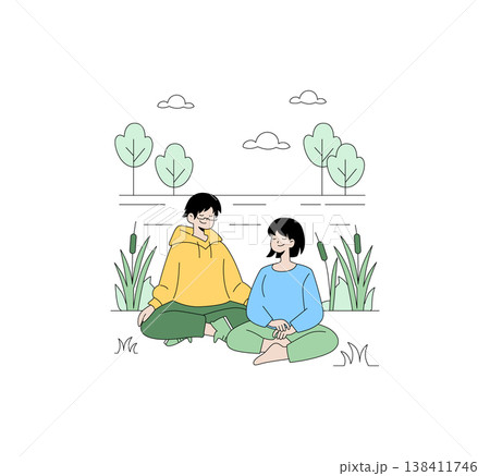 Vector illustration of two people meditating outdoors, sitting cross-legged near a lake. Surrounded by serene nature, both embody calmness and relaxation in this peaceful scene. 138411746