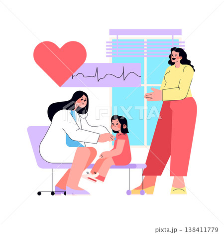Vector illustration of a doctor examining a child while the parent observes. The scene includes a window, a heart symbol, and an ECG line, depicting a caring healthcare moment. 138411779