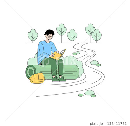 Vector illustration of a person sitting on a log outdoors, enjoying a book amidst nature. Trees and a winding path in the background create a peaceful setting for relaxation. Vector illustration of a person sitting on a log outdoors, enjoying a book amidst nature. Trees and a winding path in the background create a peaceful setting for relaxation. 138411781