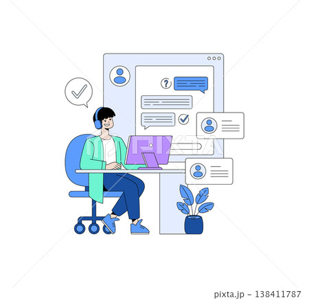 Vector illustration of a person engaging in customer support, using a computer with chat messages visible. The scene conveys a positive and helpful communication environment. 138411787