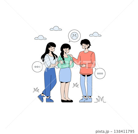 Vector illustration of three friends standing together, providing emotional support. Two friends comfort the third friend in the center, who appears to be feeling sad. 138411795