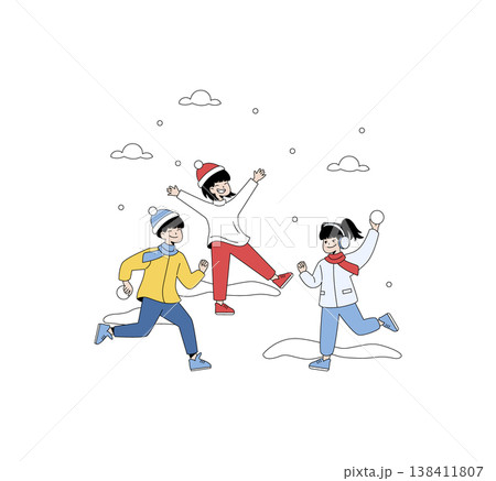 Children joyfully playing in the snow, engaging in a fun snowball fight. The illustration captures their excitement and winter attire, highlighting the festive winter atmosphere. 138411807