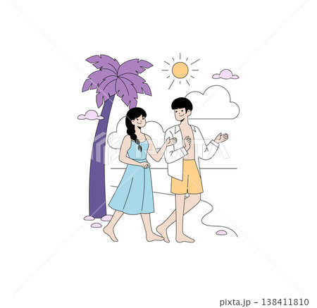 Vector illustration of a couple enjoying a walk on the beach under the sun. Figures are depicted with a palm tree, conveying a sense of relaxation and happiness on a summer day. 138411810