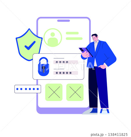 Vector illustration depicting a person interacting with a smartphone, entering a secure login. The design features security icons, emphasizing digital protection and identity verification. Vector illustration depicting a person interacting with a smartphone, entering a secure login. The design features security icons, emphasizing digital protection and identity verification. 138411825
