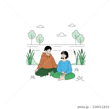 Vector illustration showing two people sitting in a meditative pose by a lake. They appear calm and relaxed. Surrounded by simple natural elements like trees and plants. 138411833