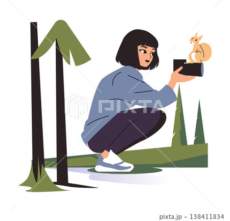 Woman crouching in forest taking a close-up photo of a squirrel perched on camera. Shows connection between wildlife and photography. Vector illustration capturing nature interaction. 138411834