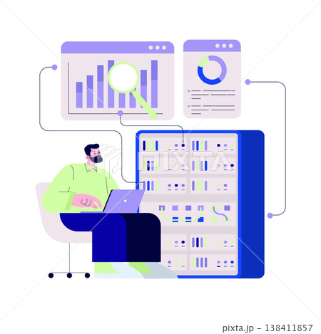 Vector illustration of a data analyst using a laptop to work with server data, graphs, and charts. The image highlights data management and analysis in a professional setting. 138411857