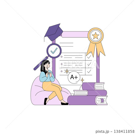 Illustrated student feeling proud and excited about receiving an A+ grade. The image features exam results, a stack of books, and a graduation cap, symbolizing educational success. Illustrated student feeling proud and excited about receiving an A+ grade. The image features exam results, a stack of books, and a graduation cap, symbolizing educational success. 138411858