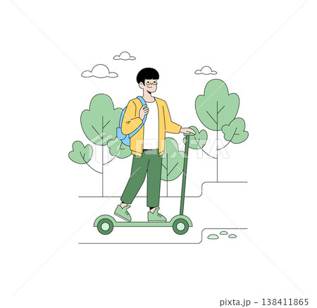 Young individual riding a scooter in a park setting, enjoying leisure time. The vector illustration shows a relaxed expression, highlighting outdoor recreation and mobility. 138411865