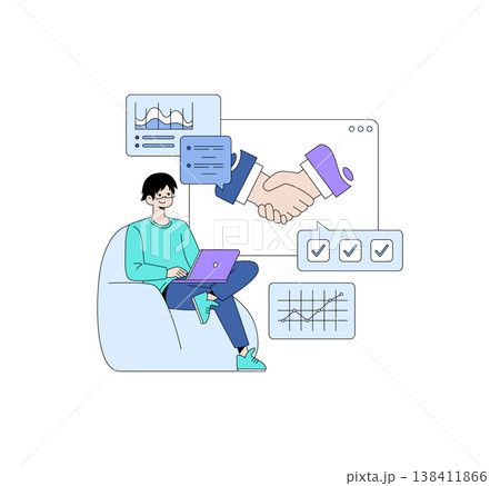 Professional collaborates online, showcasing a handshake, data charts, and communication graphics. Vector illustration highlights technology-driven teamwork and successful business integration. 138411866