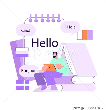Vector illustration of a man using a tablet surrounded by speech bubbles with greetings in various languages. Depicts multilingual communication and language learning concepts. 138411867