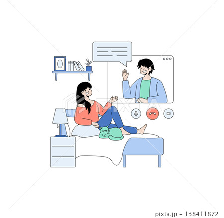 Vector illustration of a woman engaging in a video call from bed, smiling and waving at a person on a screen. A green cat relaxes beside her, creating a cozy atmosphere. 138411872