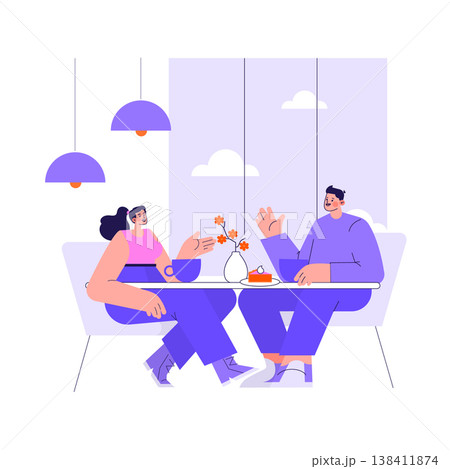 Vector illustration of two people having a friendly conversation in a cafe setting. They are seated across from each other, sharing smiles and gestures, creating a warm social atmosphere. 138411874