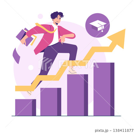 Vector illustration of a person climbing a growth graph symbolizing educational success and achievement. Books and graduation cap highlight learning and future opportunities. 138411877