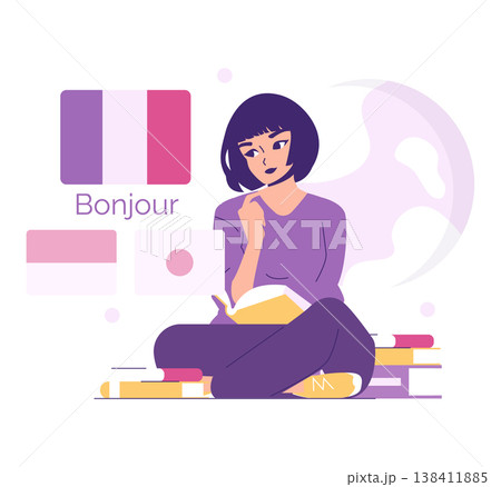 Young woman studying French in a cozy setting, surrounded by books and international flags. Illustration captures the essence of language learning and cultural exploration. 138411885