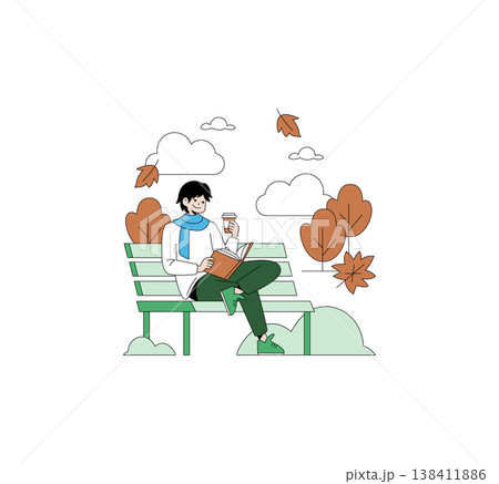 Vector illustration of a person relaxing on a bench, holding a coffee and enjoying a book amidst falling autumn leaves. The scene captures a peaceful autumn day outdoors. 138411886