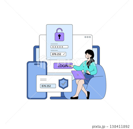 Woman interacting with a secure login interface on a laptop, showcasing the concept of two-factor authentication with a smartphone and verification code. Modern security technology vector. 138411892