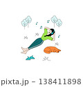 Woman lying on grass with headphones, listening to music, resting beside her sleeping dog in a park. Captures a serene moment in nature. Vector illustration style. 138411898