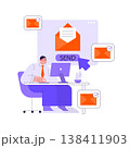 Vector illustration of a businessman at a desk sending emails on a computer. Surrounding icons indicate successful email dispatch. Ideal for themes of communication, technology, and business. 138411903