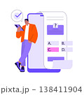 Vector illustration of a person interacting with a smartphone, completing a quiz. The user is engaged with multiple-choice options displayed on the screen, highlighting digital education. 138411904
