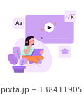Young girl attentively watches an online lesson holding a tablet. Surrounded by educational icons, she explores learning opportunities digitally. Perfect for e-learning concepts and educational apps. 138411905