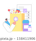 Vector illustration showing a healthcare professional with medical supplies. Includes a bag with a medical cross, pills, bottles, and a paper with pricing, highlighting healthcare and medication 138411906