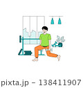 Vector illustration of a person performing a dumbbell lunge at home. The scene includes workout equipment and a relaxed expression, highlighting a home fitness routine. 138411907