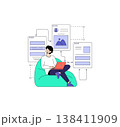 Young man sitting on a bean bag using a laptop, surrounded by digital interface elements. This vector illustration highlights remote work and modern technology in a relaxed setting. 138411909
