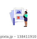 Woman holding a tablet and interacting with a digital layout for website design. The vector illustration shows her engaged in planning and organizing graphic elements creatively. 138411910