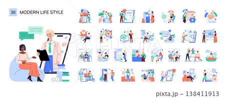 Vector illustration of modern lifestyle concepts showcasing communication, technology, and everyday activities. Diverse individuals engaging in digital interactions and daily tasks. 138411913