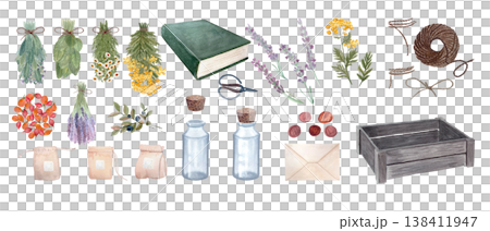 Watercolor herbal apothecary set with dried herbs, lavender, bottles, pouches, twine, wax seals and rustic botanical elements. Hand painted clipart for organic branding, labels, stationery, wellness. 138411947