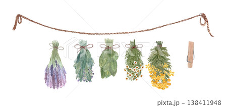Watercolor dried herb bundle set with lavender, sage, mint, chamomile, yarrow, rope and clothespin. Hand painted botanical clipart collection for herbal branding, labels and rustic natural design. Watercolor dried herb bundle set with lavender, sage, mint, chamomile, yarrow, rope and clothespin. Hand painted botanical clipart collection for herbal branding, labels and rustic natural design. 138411948