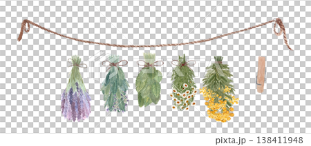 Watercolor dried herb bundle set with lavender, sage, mint, chamomile, yarrow, rope and clothespin. Hand painted botanical clipart collection for herbal branding, labels and rustic natural design. 138411948