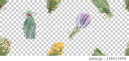 Herbal bundle seamless pattern with lavender, sage, chamomile on white background. Hand painted watercolor with wildflowers for fabric, wrapping paper, stationery, wallpaper, natural rustic design 138411949