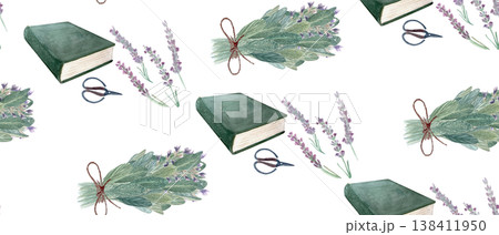 Book, lavender and herb bundle seamless pattern with scissors. Hand painted watercolor repeat for fabric, wrapping paper, stationery, wallpaper and rustic botanical surface design and paper packaging 138411950
