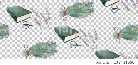 Book, lavender and herb bundle seamless pattern with scissors. Hand painted watercolor repeat for fabric, wrapping paper, stationery, wallpaper and rustic botanical surface design and paper packaging Book, lavender and herb bundle seamless pattern with scissors. Hand painted watercolor repeat for fabric, wrapping paper, stationery, wallpaper and rustic botanical surface design and paper packaging 138411950
