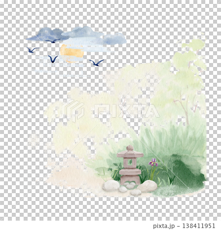 Watercolor Japanese garden with stone lantern, trees and birds, hand painted landscape illustration on white background. Zen nature scene ideal for decor, packaging, wallpaper, stationery, design use 138411951
